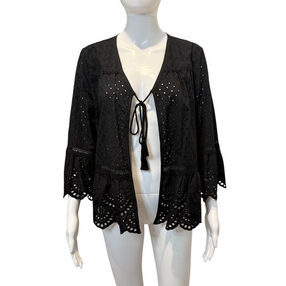 Westport Tops - Westport Black Eyelet Scallop Tassel Tie Bell Sleeve Blouse Size M